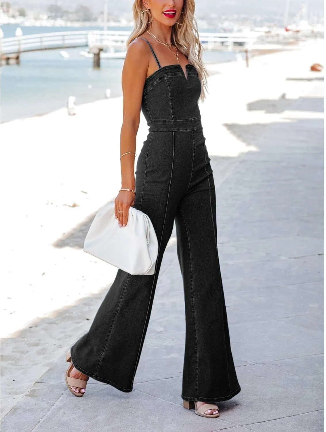 SEMATOMALA Women's Spaghetti Strap Wide Leg Jeans Jumpsuit Cami Flared Long Pants Romper Dressy Outfits