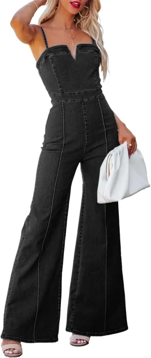 SEMATOMALA Women's Spaghetti Strap Wide Leg Jeans Jumpsuit Cami Flared Long Pants Romper Dressy Outfits