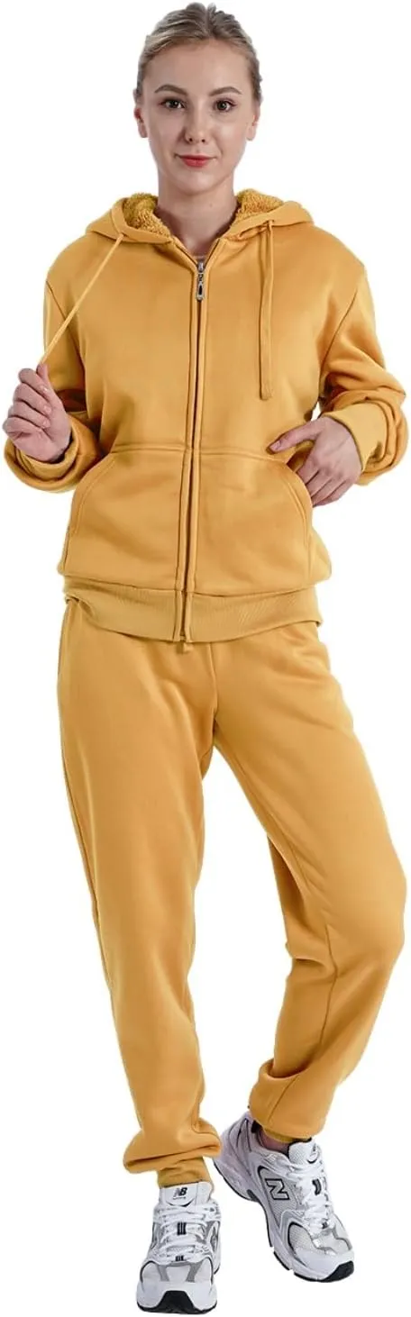 Sherpa Zipper Womens Sweatsuits Active Jogging Fleece 2 Pieces Hoodie and Pants Winter Outfit Sets
