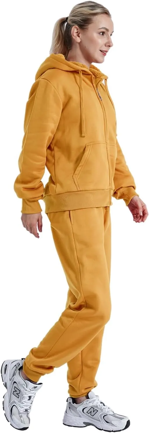 Sherpa Zipper Womens Sweatsuits Active Jogging Fleece 2 Pieces Hoodie and Pants Winter Outfit Sets