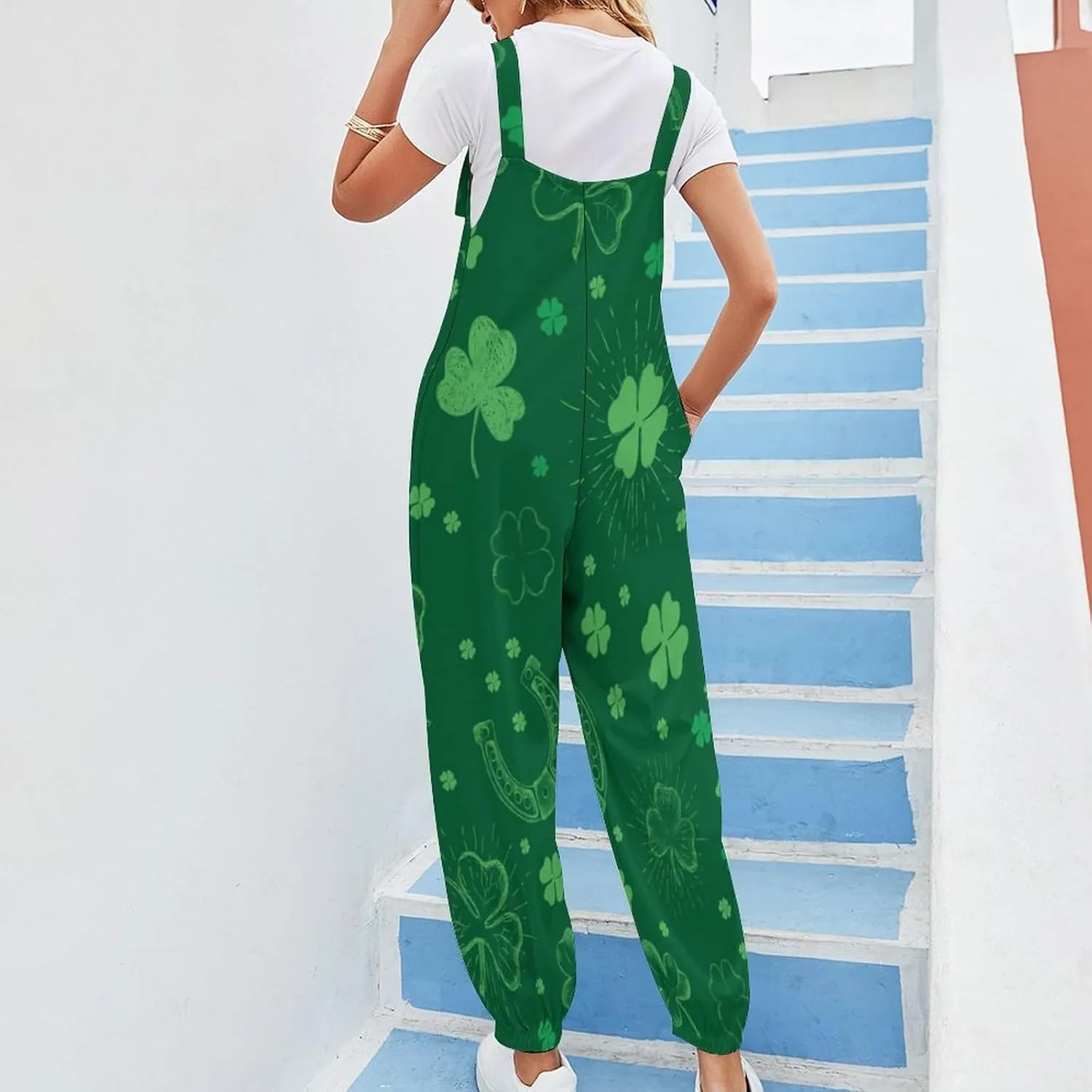 St. Patrick's Day Set Women's Jumpsuit Sleeveless Casual Baggy Suspender Romper Harem Pants