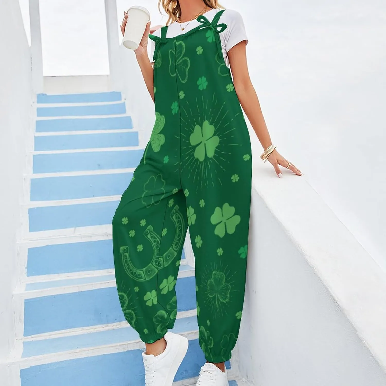 St. Patrick's Day Set Women's Jumpsuit Sleeveless Casual Baggy Suspender Romper Harem Pants