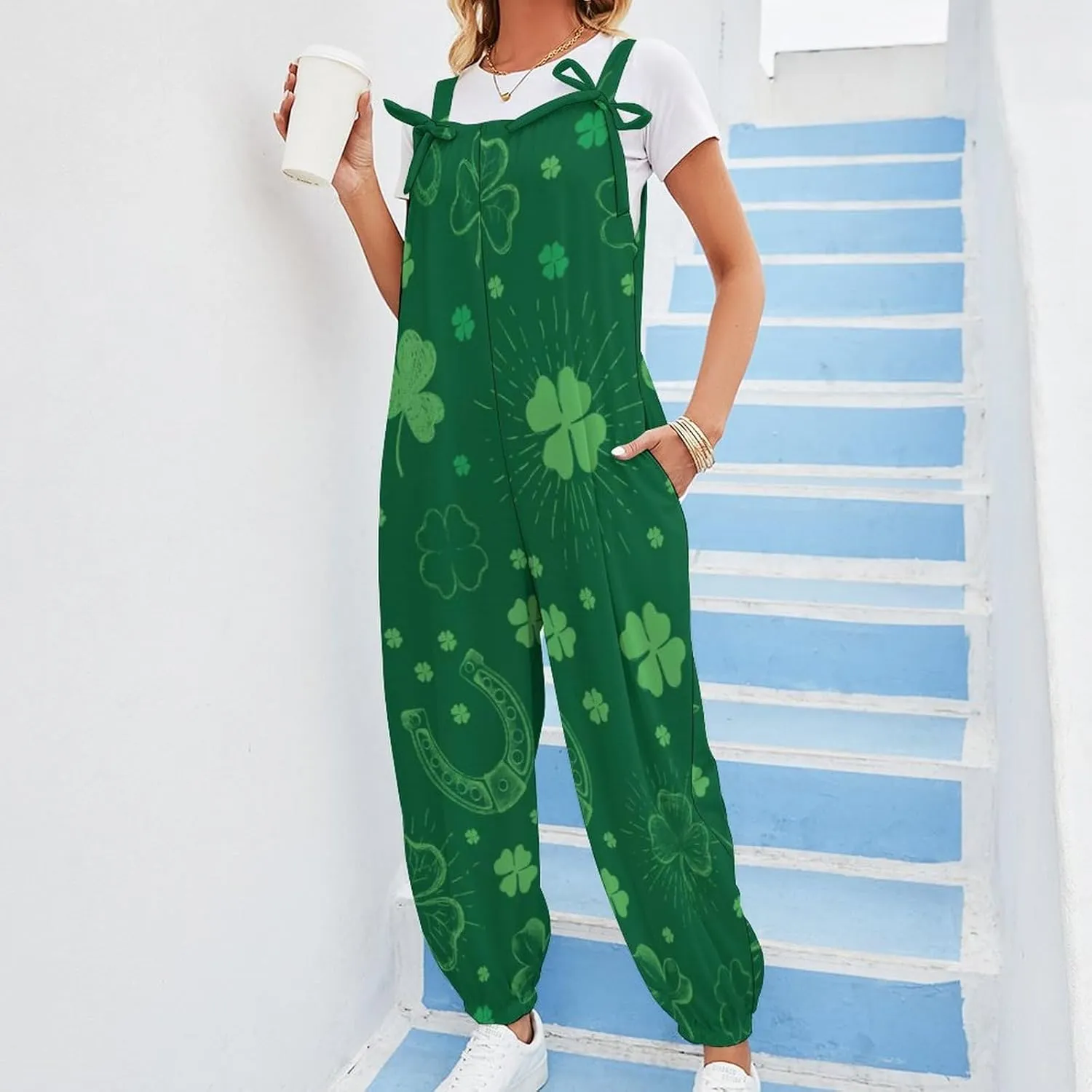 St. Patrick's Day Set Women's Jumpsuit Sleeveless Casual Baggy Suspender Romper Harem Pants