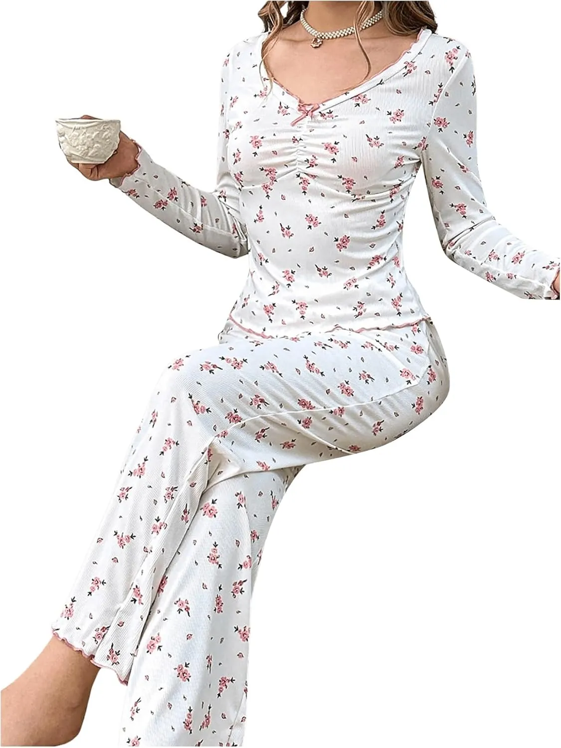 SweatyRocks Women's Floral Pajama Set Ruched Long Sleeve Top and Pants Pjs Set Sleepwear Loungewear