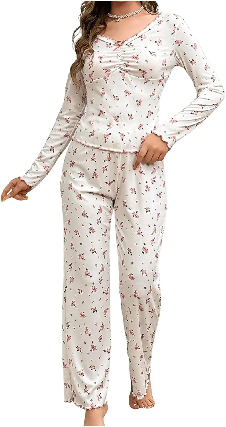 SweatyRocks Women's Floral Pajama Set Ruched Long Sleeve Top and Pants Pjs Set Sleepwear Loungewear