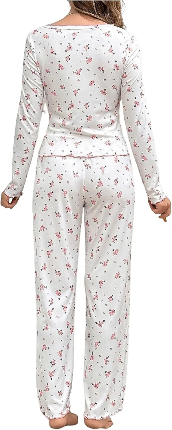 SweatyRocks Women's Floral Pajama Set Ruched Long Sleeve Top and Pants Pjs Set Sleepwear Loungewear