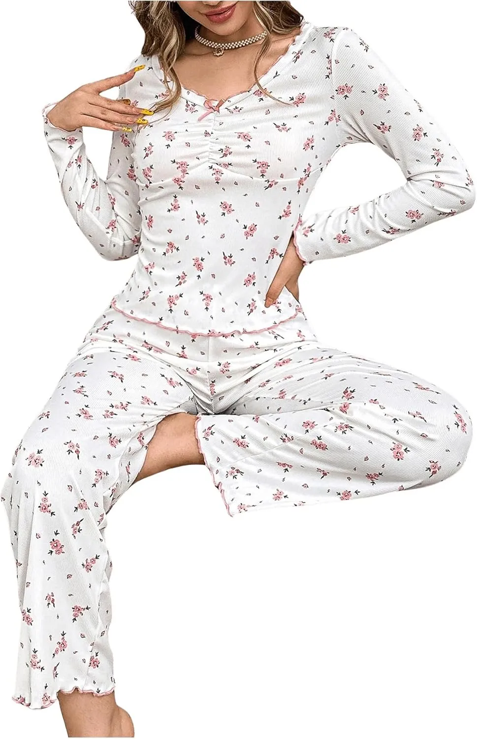 SweatyRocks Women's Floral Pajama Set Ruched Long Sleeve Top and Pants Pjs Set Sleepwear Loungewear