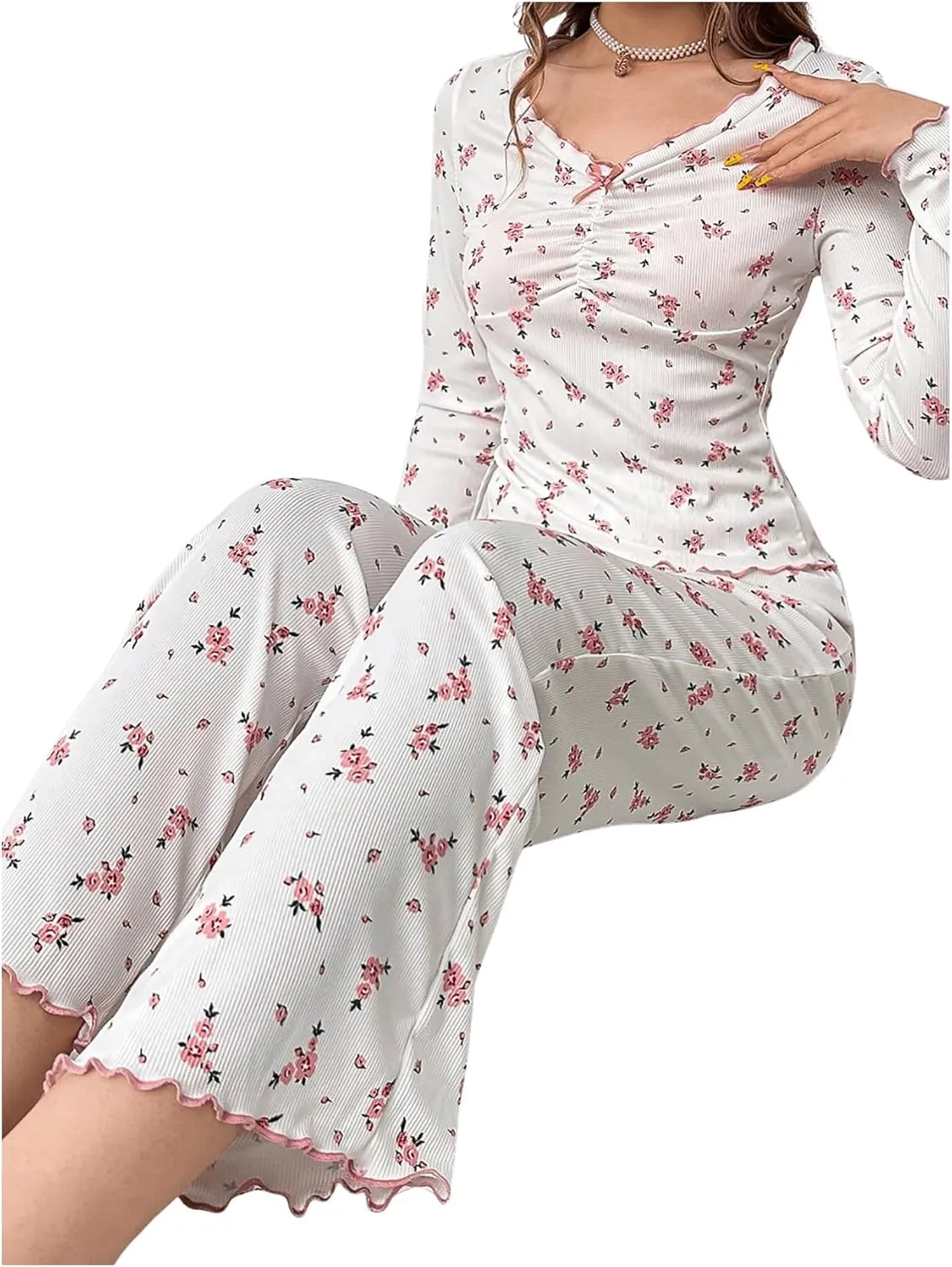 SweatyRocks Women's Floral Pajama Set Ruched Long Sleeve Top and Pants Pjs Set Sleepwear Loungewear
