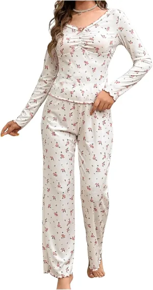 SweatyRocks Women's Floral Pajama Set Ruched Long Sleeve Top and Pants Pjs Set Sleepwear Loungewear