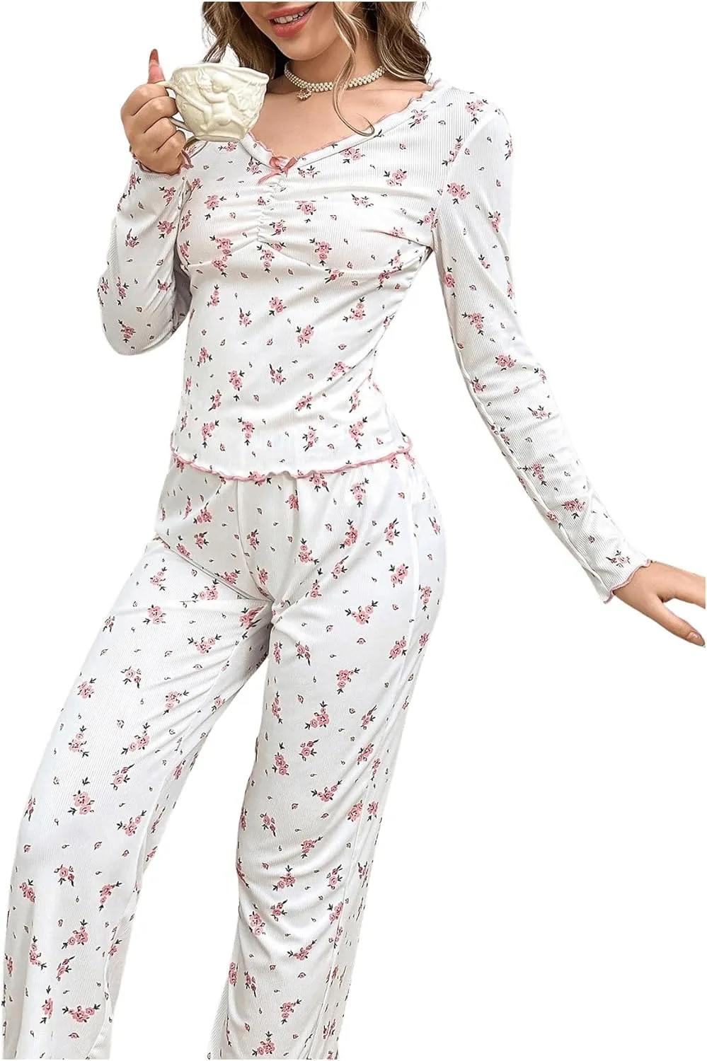 SweatyRocks Women's Floral Pajama Set Ruched Long Sleeve Top and Pants Pjs Set Sleepwear Loungewear
