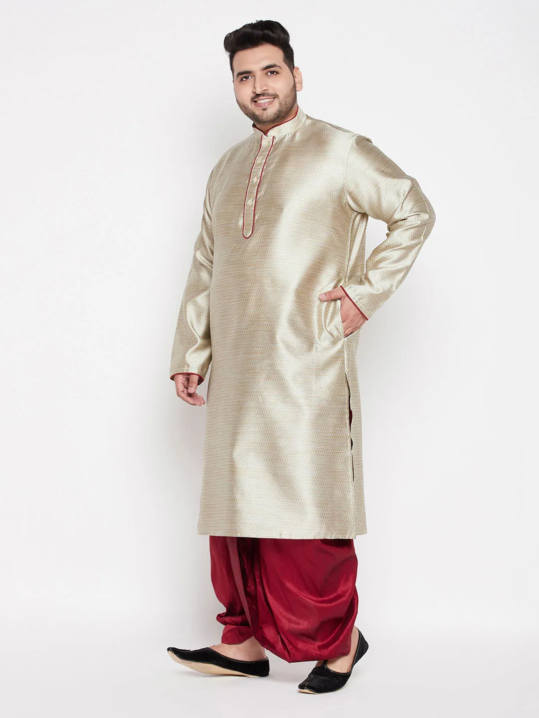 VASTRAMAY Men's Beige Kurta and Maroon Dhoti