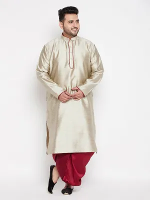 VASTRAMAY Men's Beige Kurta and Maroon Dhoti