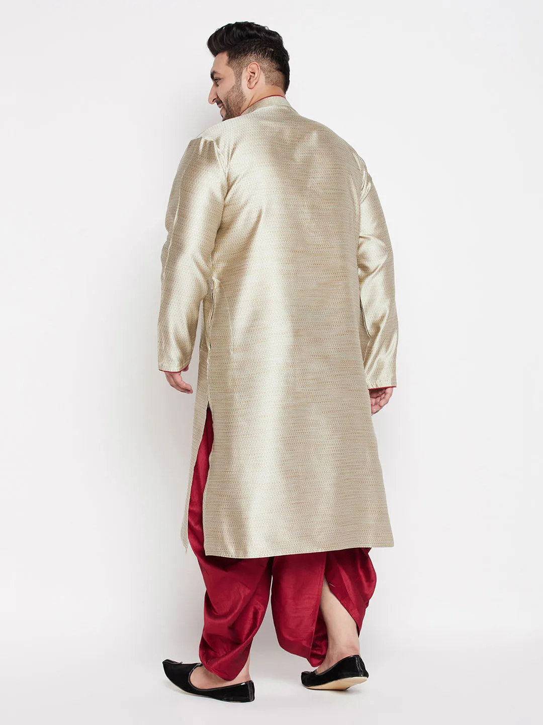 VASTRAMAY Men's Beige Kurta and Maroon Dhoti
