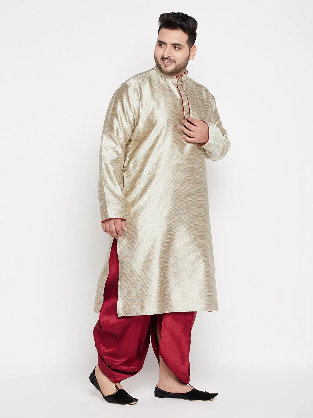 VASTRAMAY Men's Beige Kurta and Maroon Dhoti