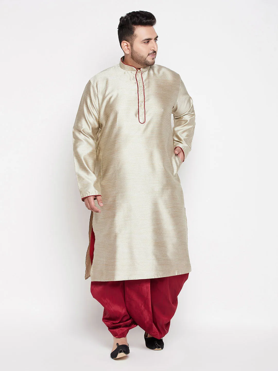 VASTRAMAY Men's Beige Kurta and Maroon Dhoti