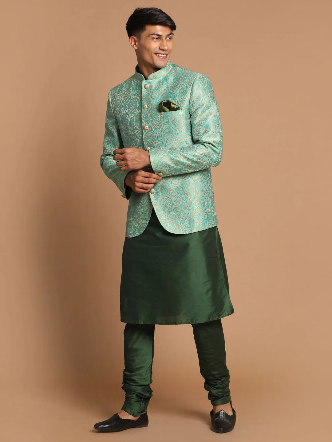 VASTRAMAY Men's Green Woven Jacket Kurta