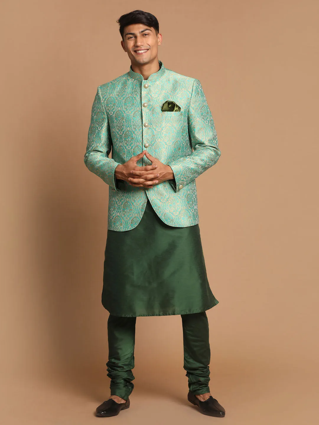 VASTRAMAY Men's Green Woven Jacket Kurta