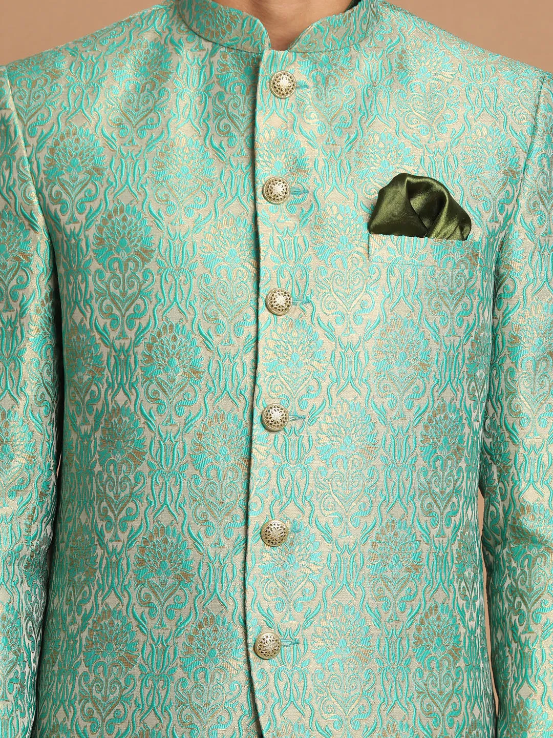 VASTRAMAY Men's Green Woven Jacket Kurta