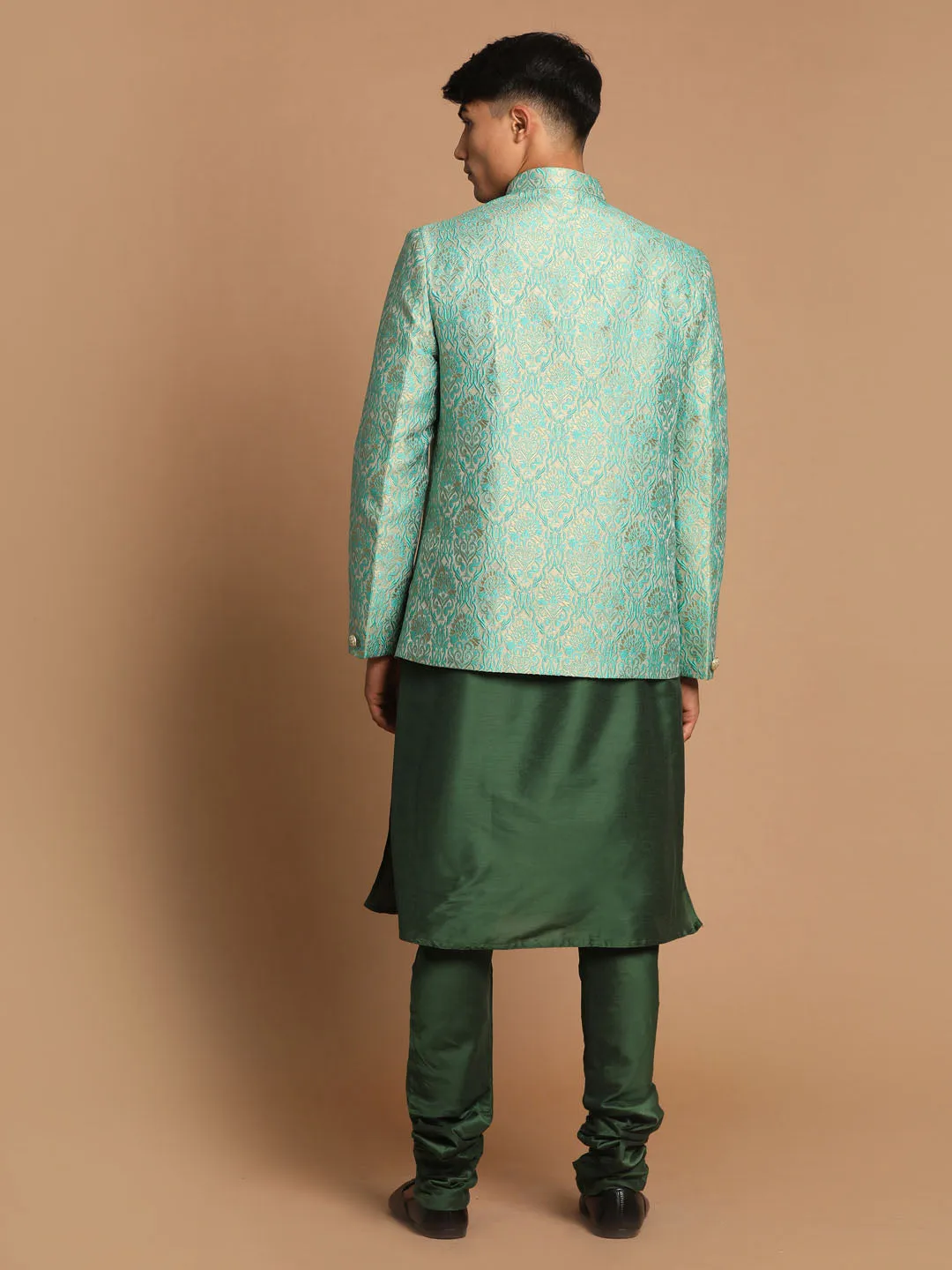 VASTRAMAY Men's Green Woven Jacket Kurta