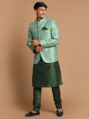 VASTRAMAY Men's Green Woven Jacket Kurta
