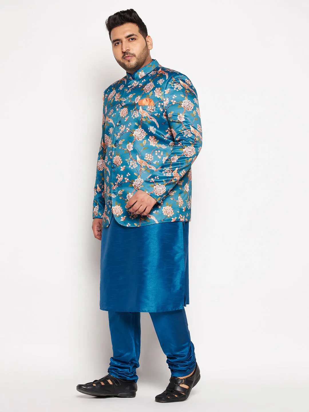 VASTRAMAY Men's Turquoise Silk Blend Jodhpuri Set