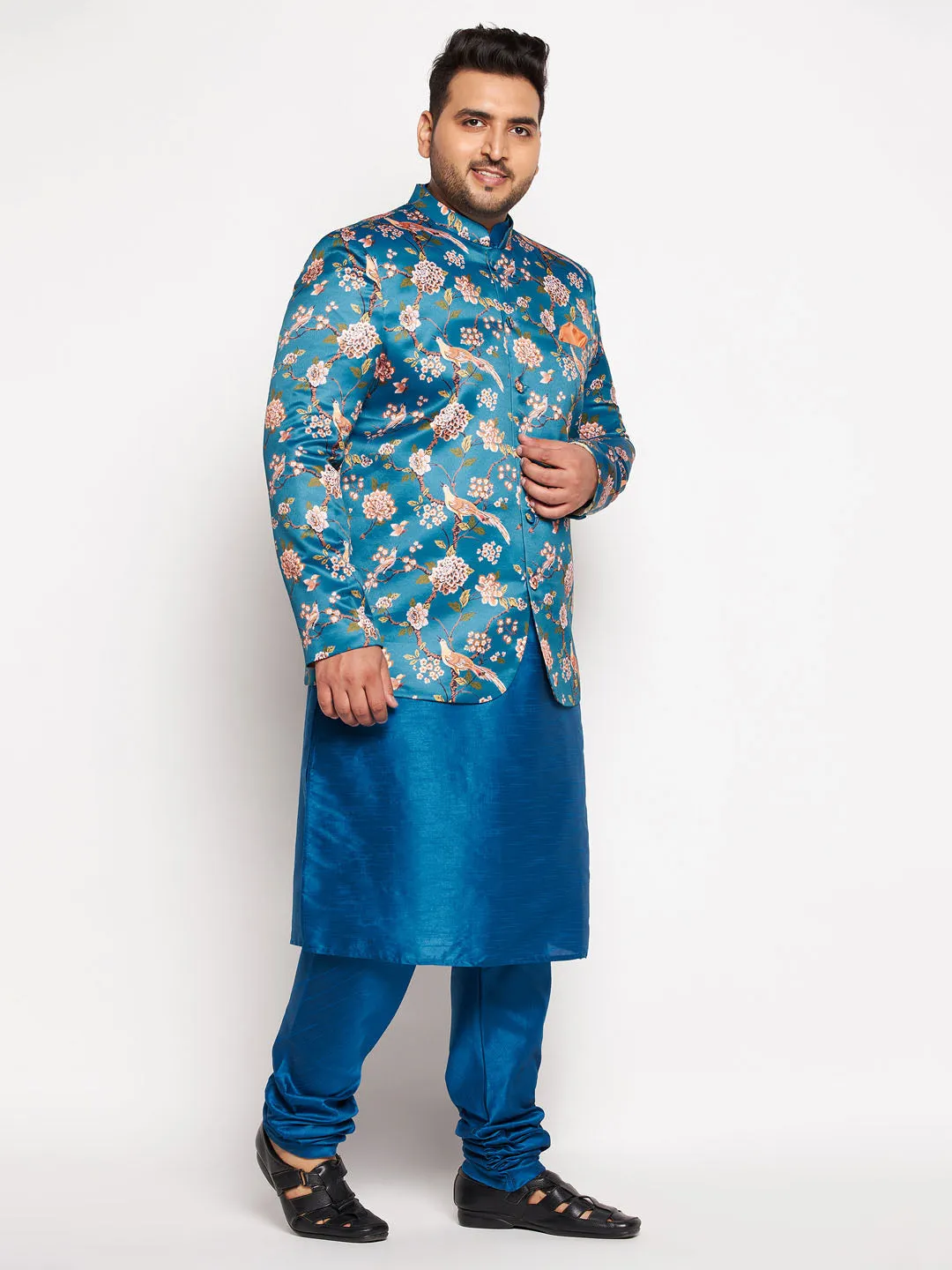 VASTRAMAY Men's Turquoise Silk Blend Jodhpuri Set