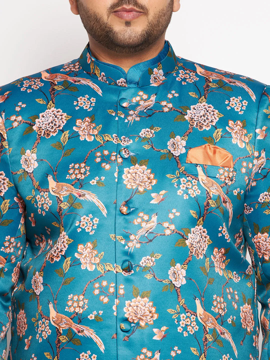 VASTRAMAY Men's Turquoise Silk Blend Jodhpuri Set