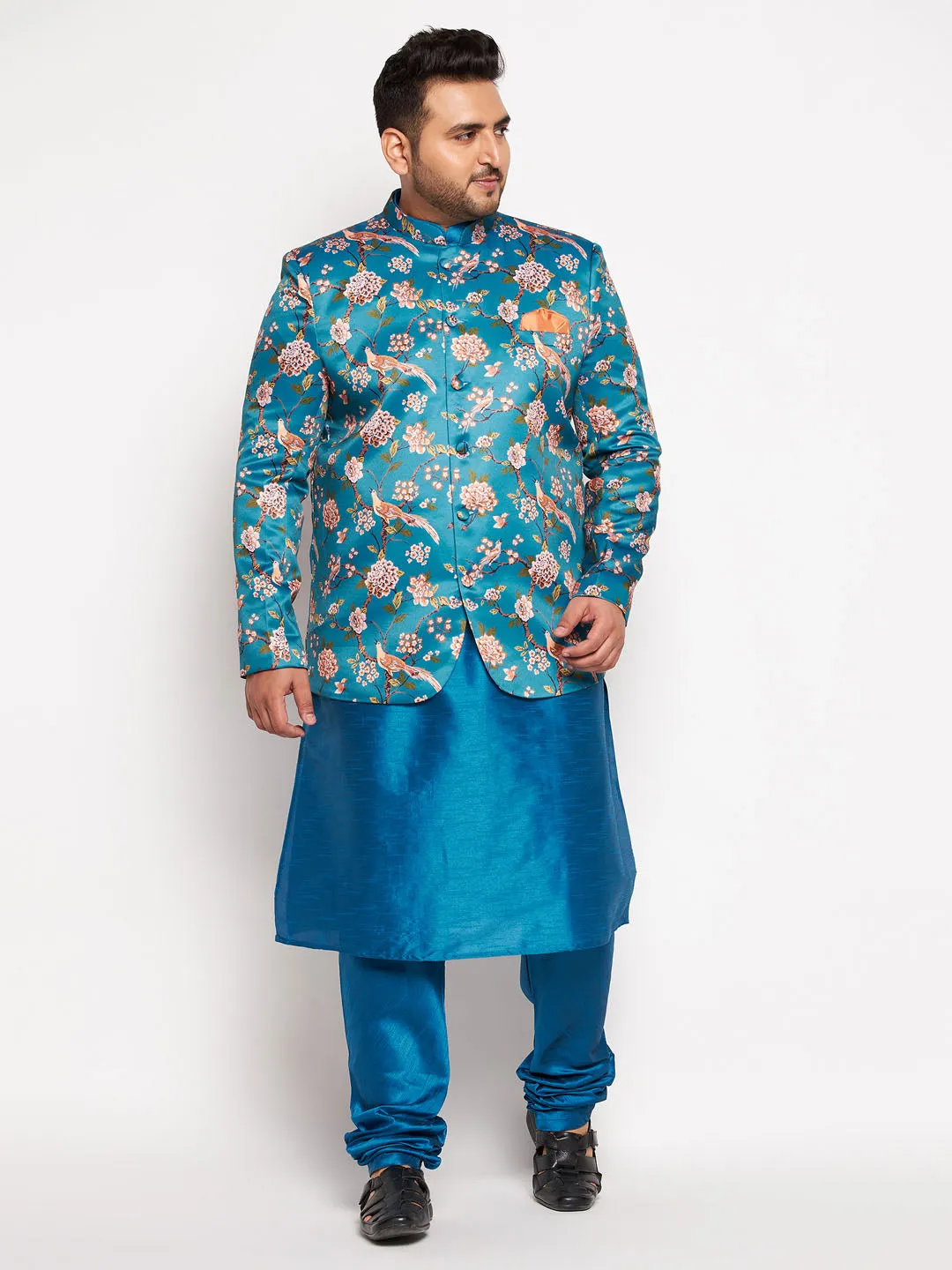 VASTRAMAY Men's Turquoise Silk Blend Jodhpuri Set