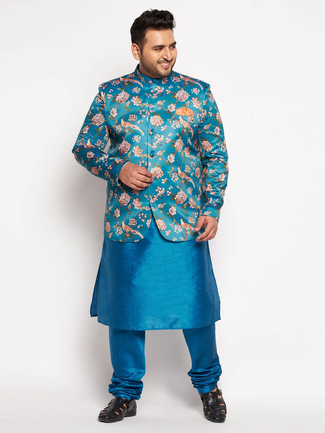 VASTRAMAY Men's Turquoise Silk Blend Jodhpuri Set