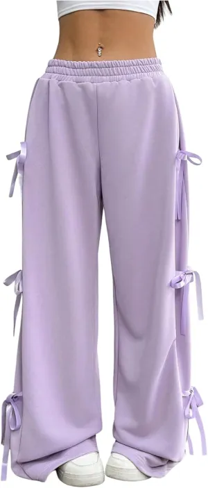 Verdusa Women's Bow Wide Leg Sweatpants Elastic Waist Casual Baggy Pants with Pocket