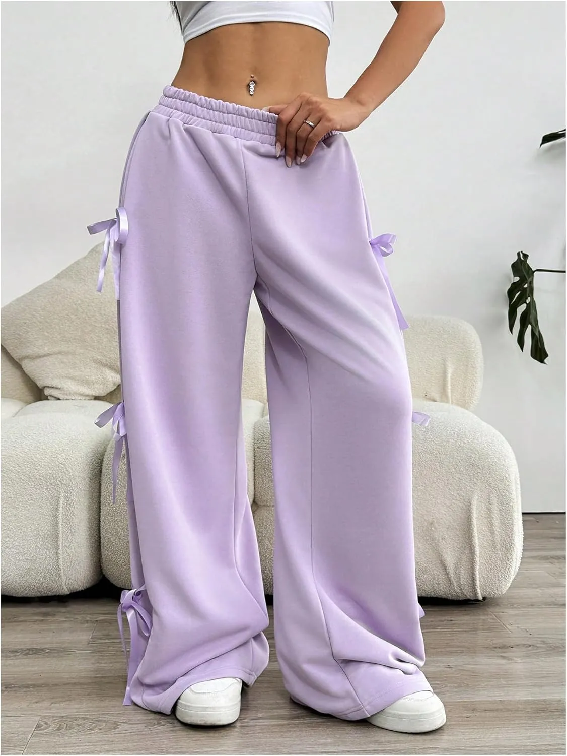 Verdusa Women's Bow Wide Leg Sweatpants Elastic Waist Casual Baggy Pants with Pocket