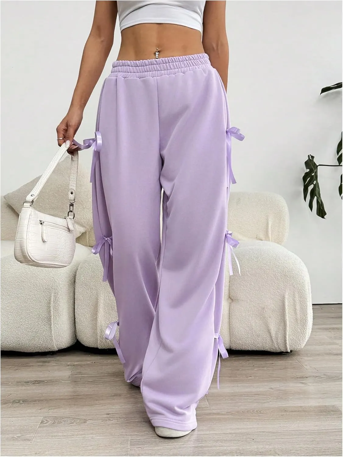 Verdusa Women's Bow Wide Leg Sweatpants Elastic Waist Casual Baggy Pants with Pocket