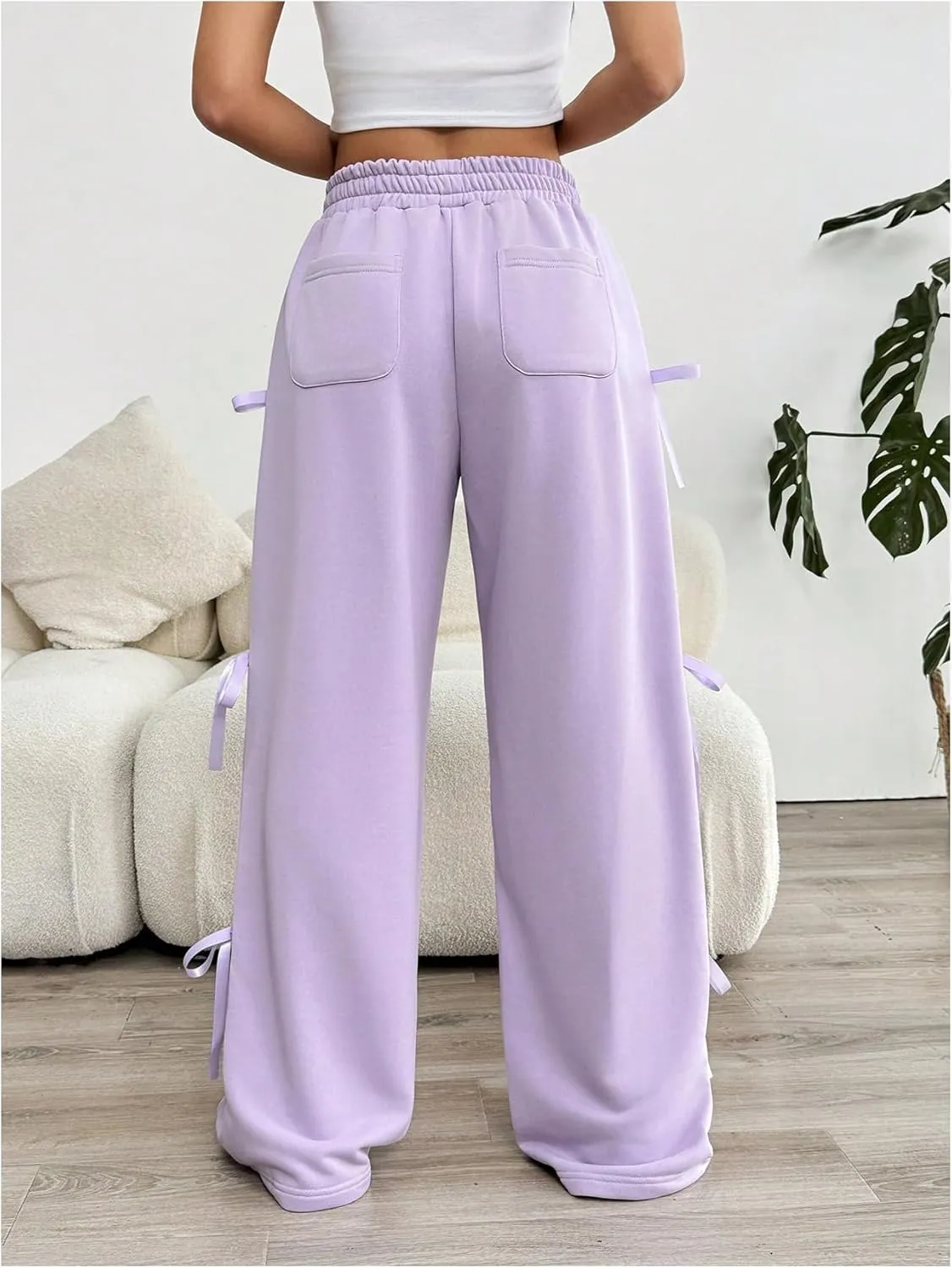 Verdusa Women's Bow Wide Leg Sweatpants Elastic Waist Casual Baggy Pants with Pocket