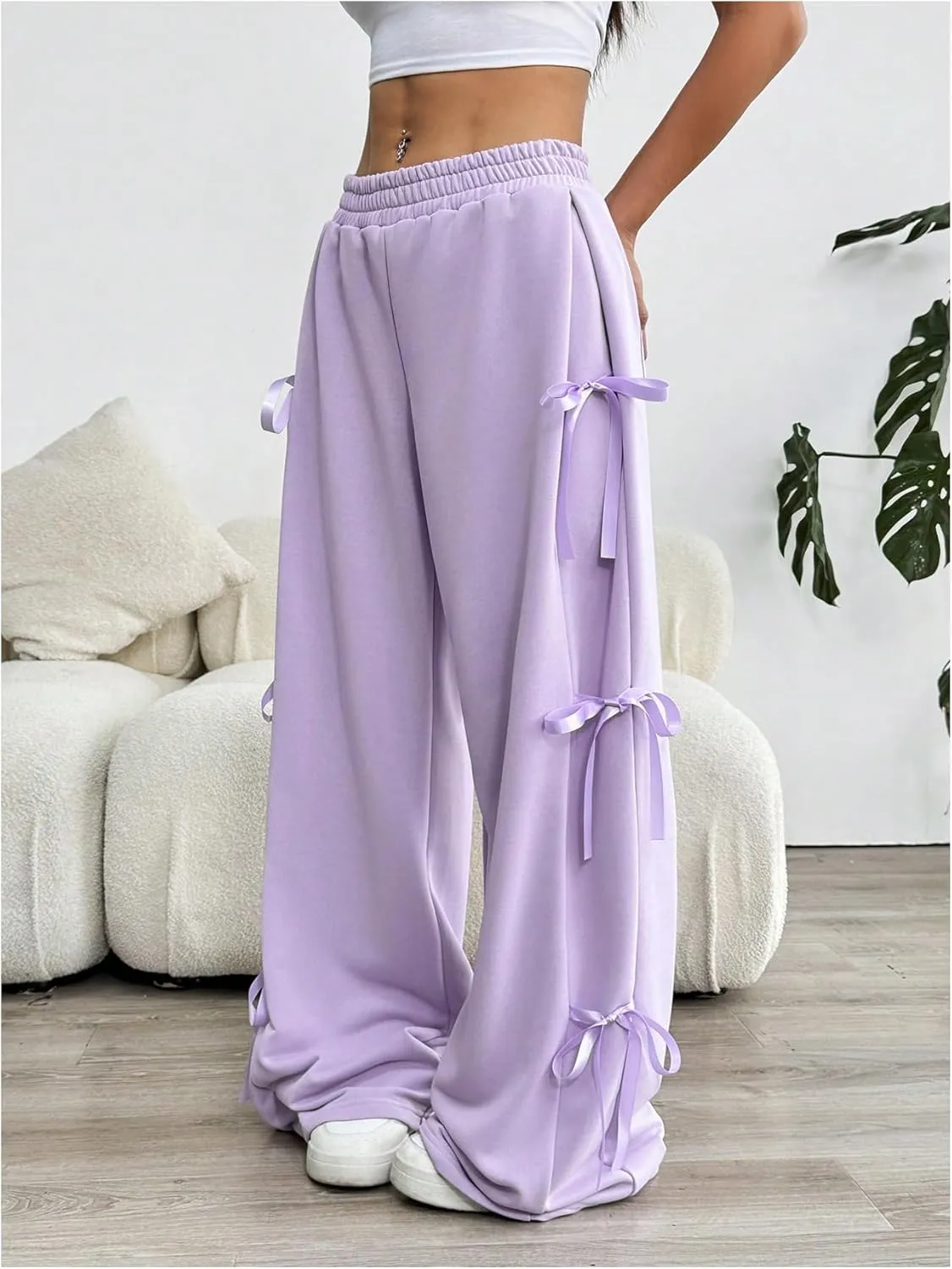 Verdusa Women's Bow Wide Leg Sweatpants Elastic Waist Casual Baggy Pants with Pocket