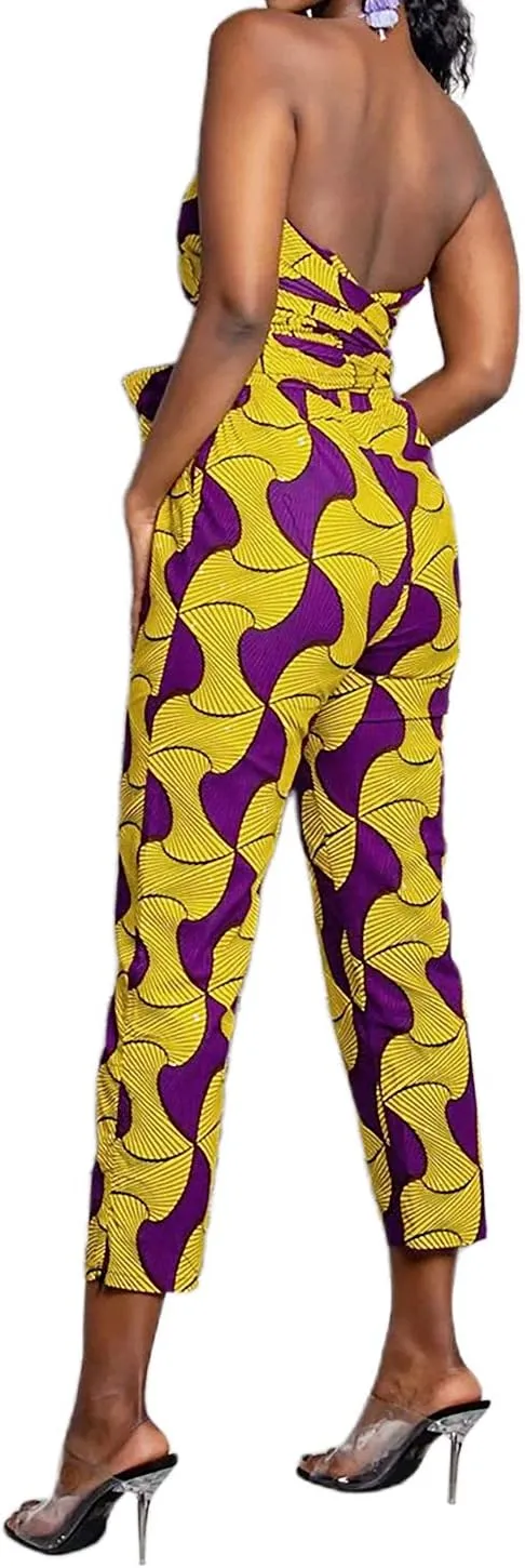 Vimoisa Women Sexy Boho African Jumpsuits Printing Rompers V-Neck Multi-Way Wide Leg Pants