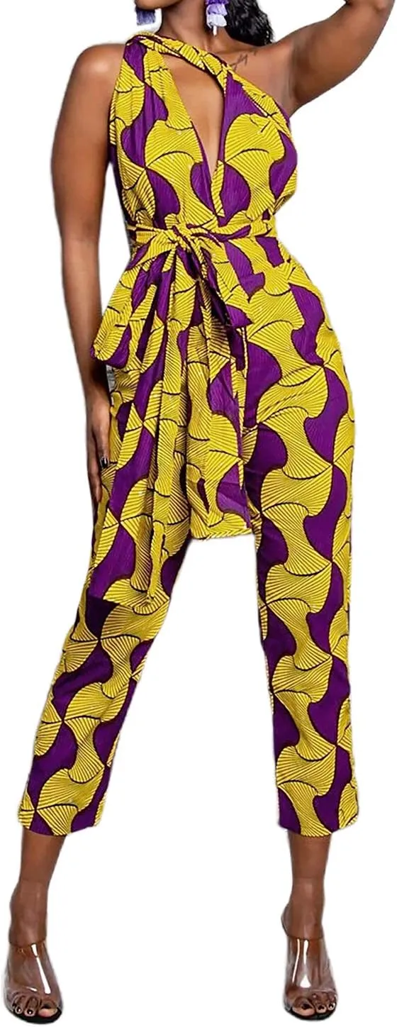 Vimoisa Women Sexy Boho African Jumpsuits Printing Rompers V-Neck Multi-Way Wide Leg Pants