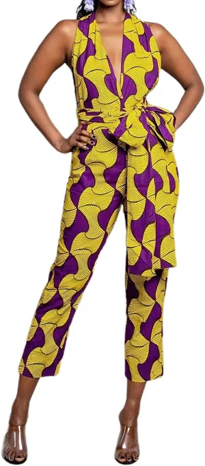 Vimoisa Women Sexy Boho African Jumpsuits Printing Rompers V-Neck Multi-Way Wide Leg Pants