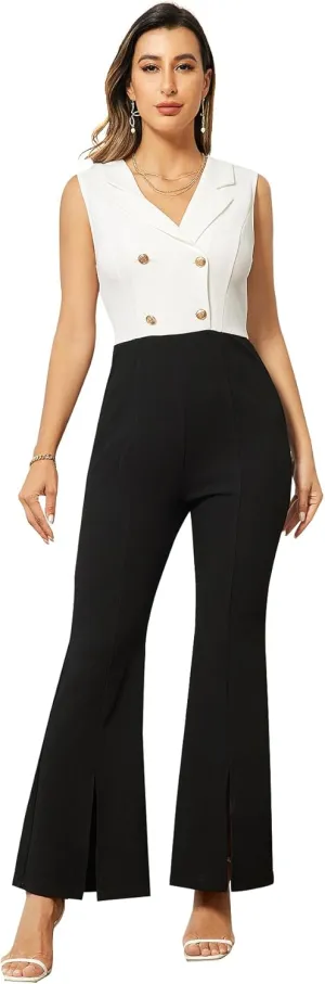WDIRARA Women's Colorblock Double Breasted Sleeveless Collar Elegant Jumpsuit Flare Leg Split Pants