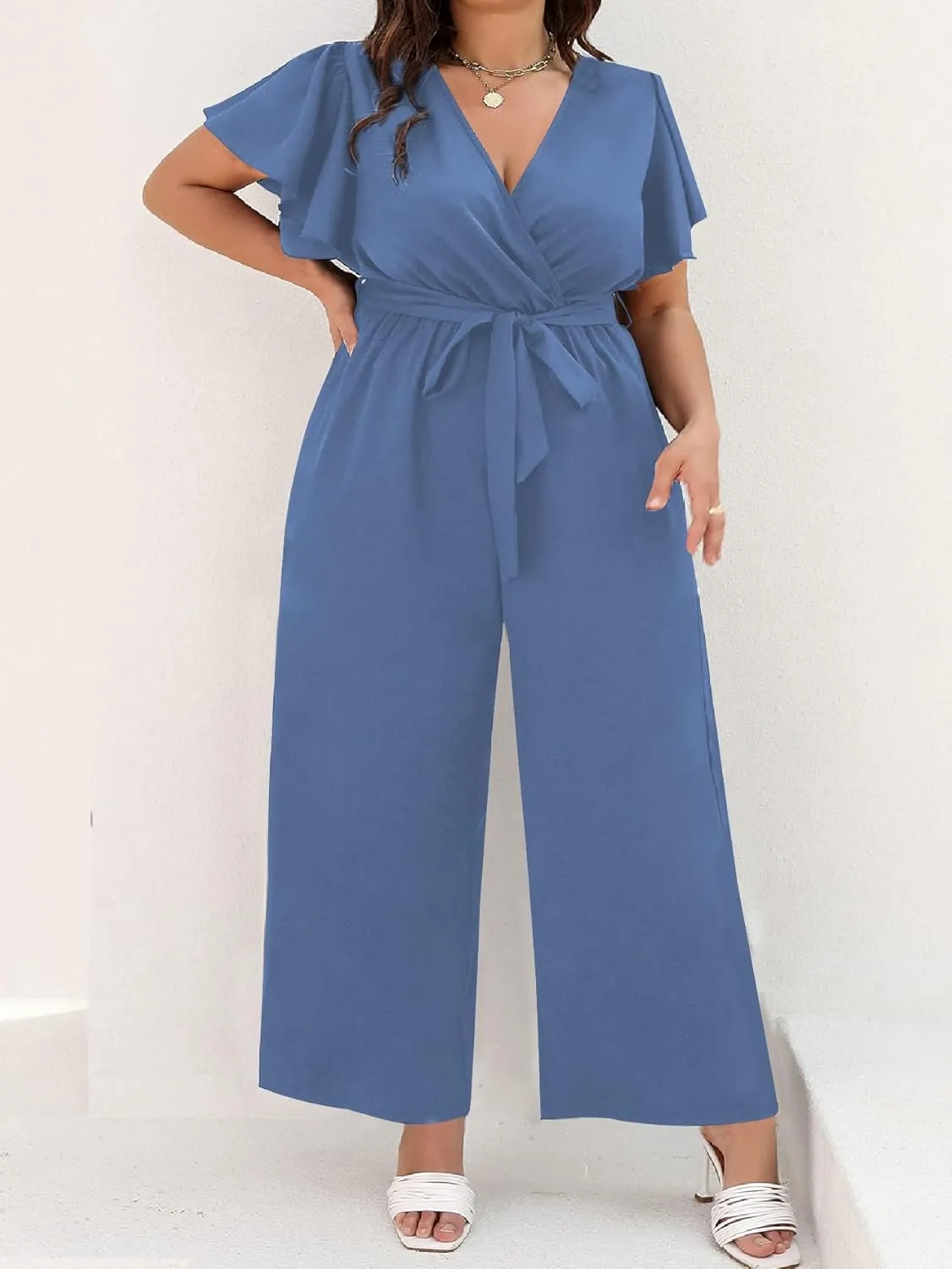 WDIRARA Women's Plus Size Wrap V Neck Butterfly Sleeve Wide Leg Pants Casual Belt Jumpsuit
