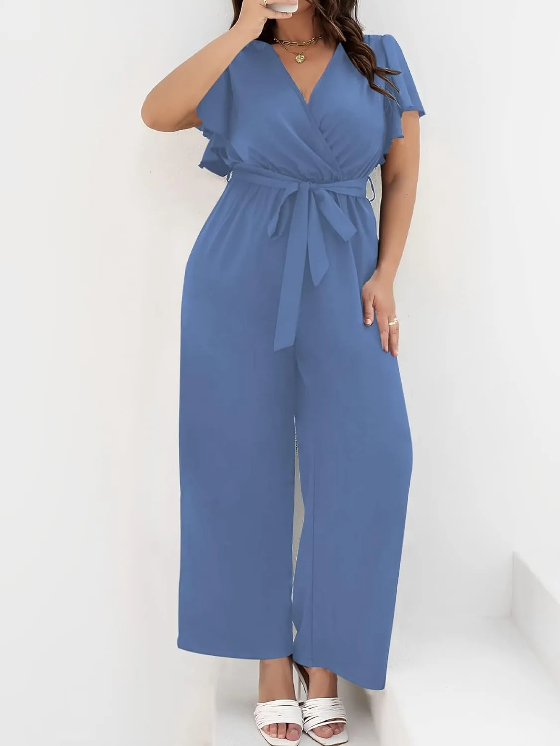 WDIRARA Women's Plus Size Wrap V Neck Butterfly Sleeve Wide Leg Pants Casual Belt Jumpsuit