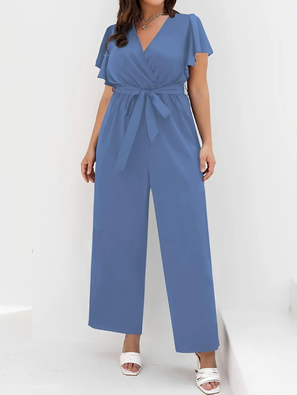 WDIRARA Women's Plus Size Wrap V Neck Butterfly Sleeve Wide Leg Pants Casual Belt Jumpsuit