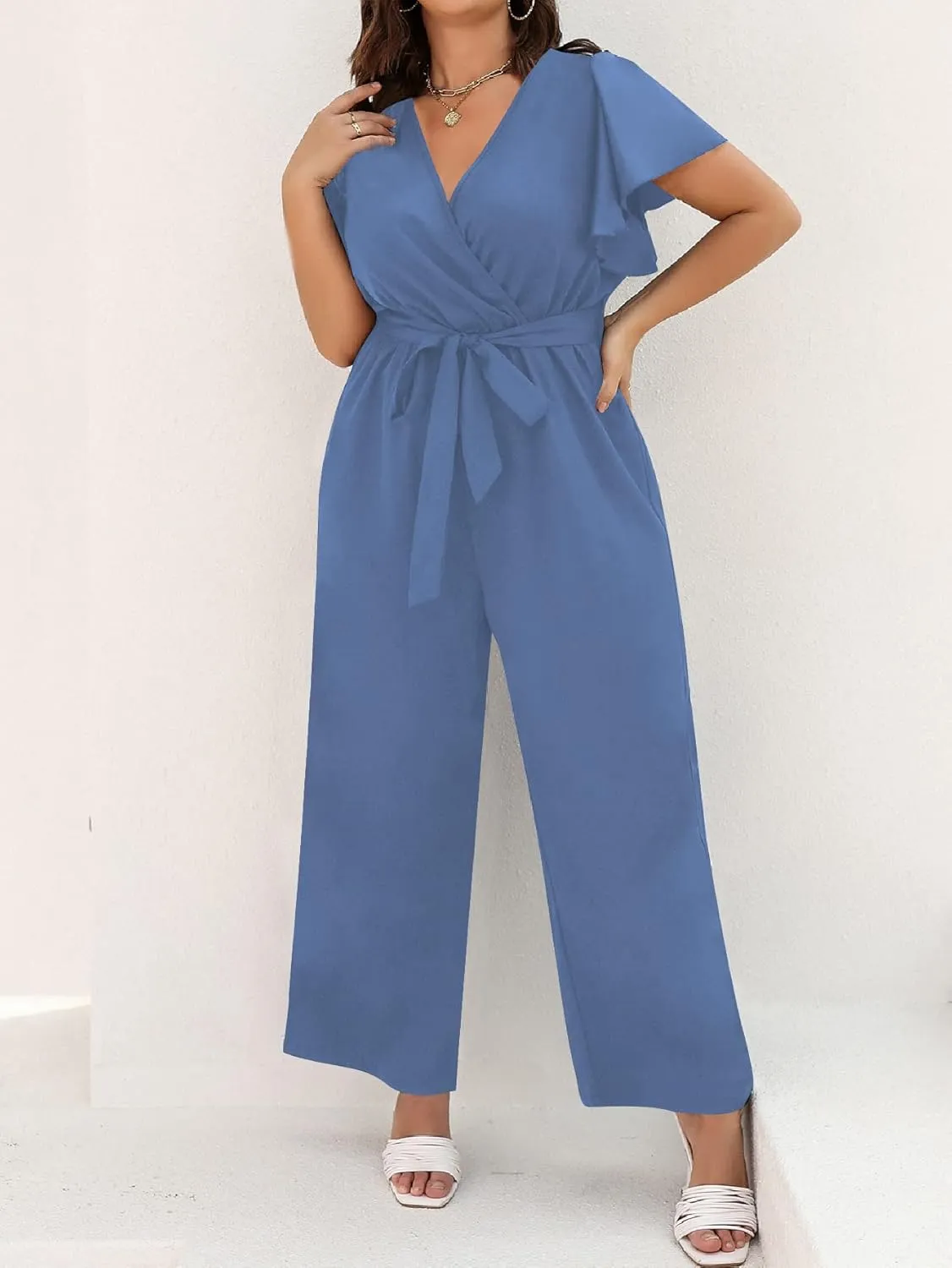WDIRARA Women's Plus Size Wrap V Neck Butterfly Sleeve Wide Leg Pants Casual Belt Jumpsuit