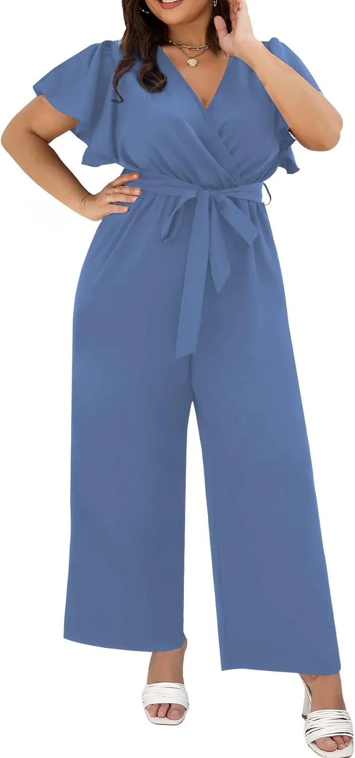 WDIRARA Women's Plus Size Wrap V Neck Butterfly Sleeve Wide Leg Pants Casual Belt Jumpsuit