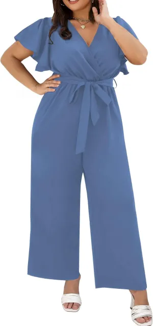 WDIRARA Women's Plus Size Wrap V Neck Butterfly Sleeve Wide Leg Pants Casual Belt Jumpsuit