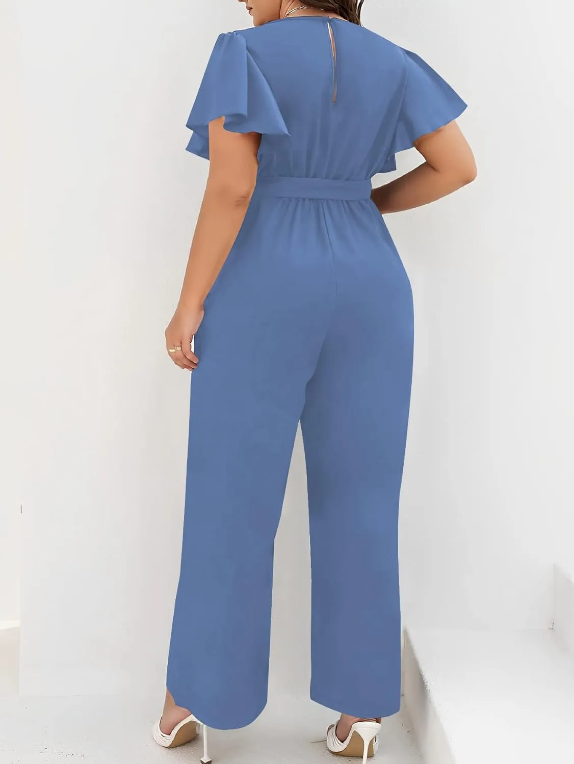 WDIRARA Women's Plus Size Wrap V Neck Butterfly Sleeve Wide Leg Pants Casual Belt Jumpsuit