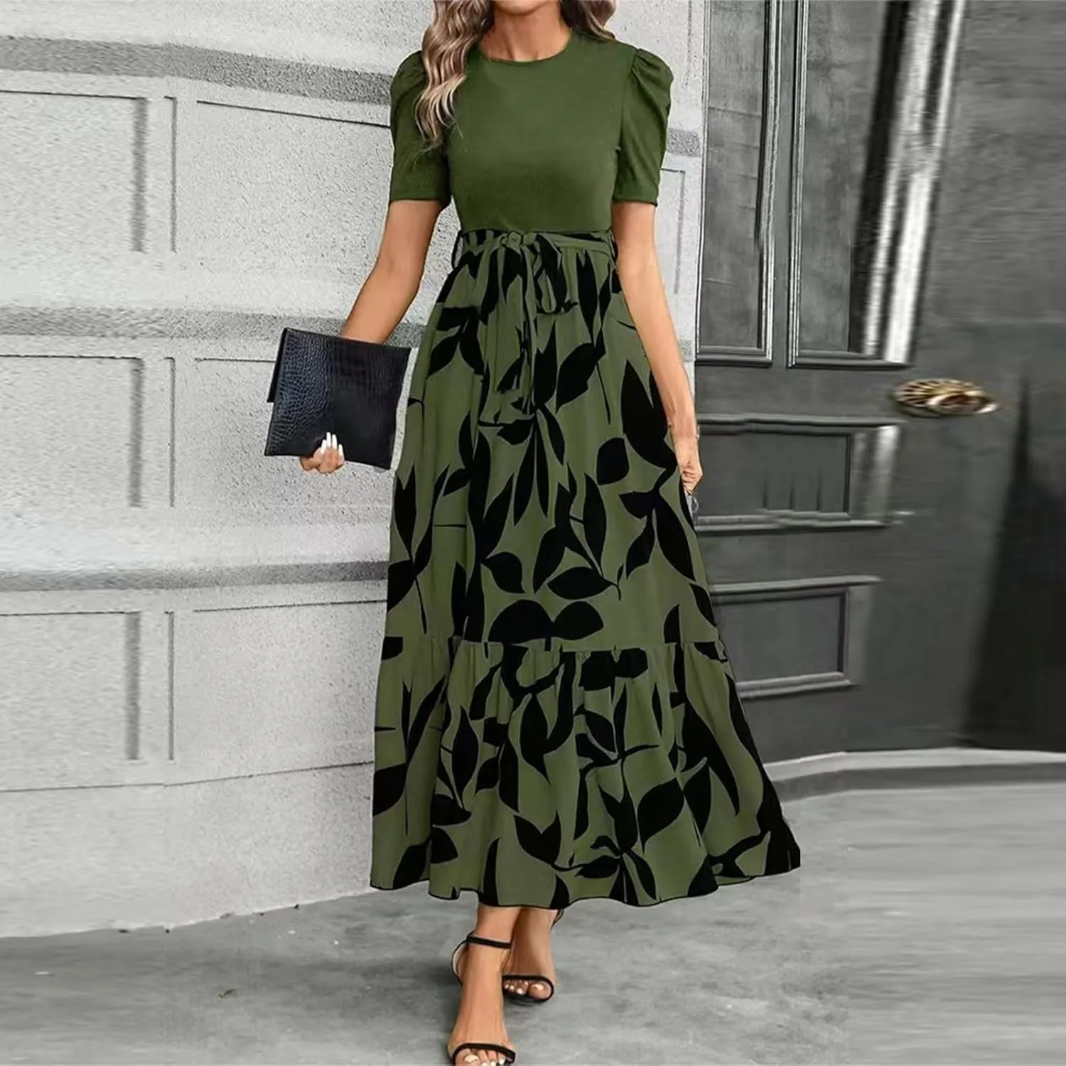 Women 2025 Casual Dresses with Pockets Ruffle Short Sleeve Summer Maxi Dress Long Flowy Floral Printed Dresses