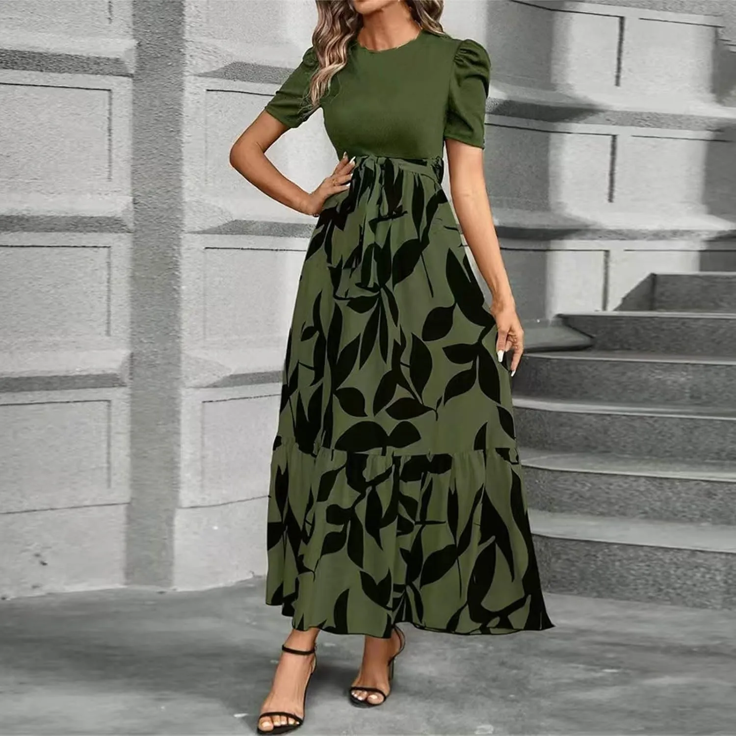 Women 2025 Casual Dresses with Pockets Ruffle Short Sleeve Summer Maxi Dress Long Flowy Floral Printed Dresses