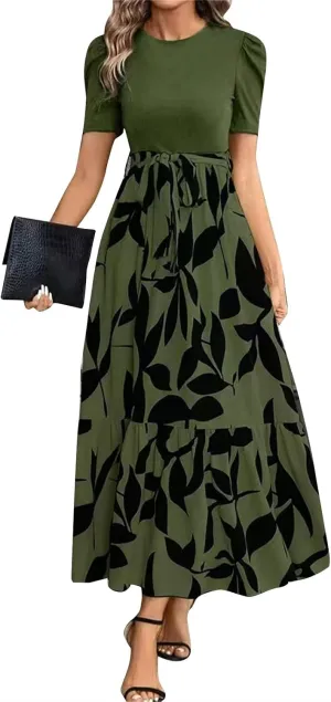 Women 2025 Casual Dresses with Pockets Ruffle Short Sleeve Summer Maxi Dress Long Flowy Floral Printed Dresses