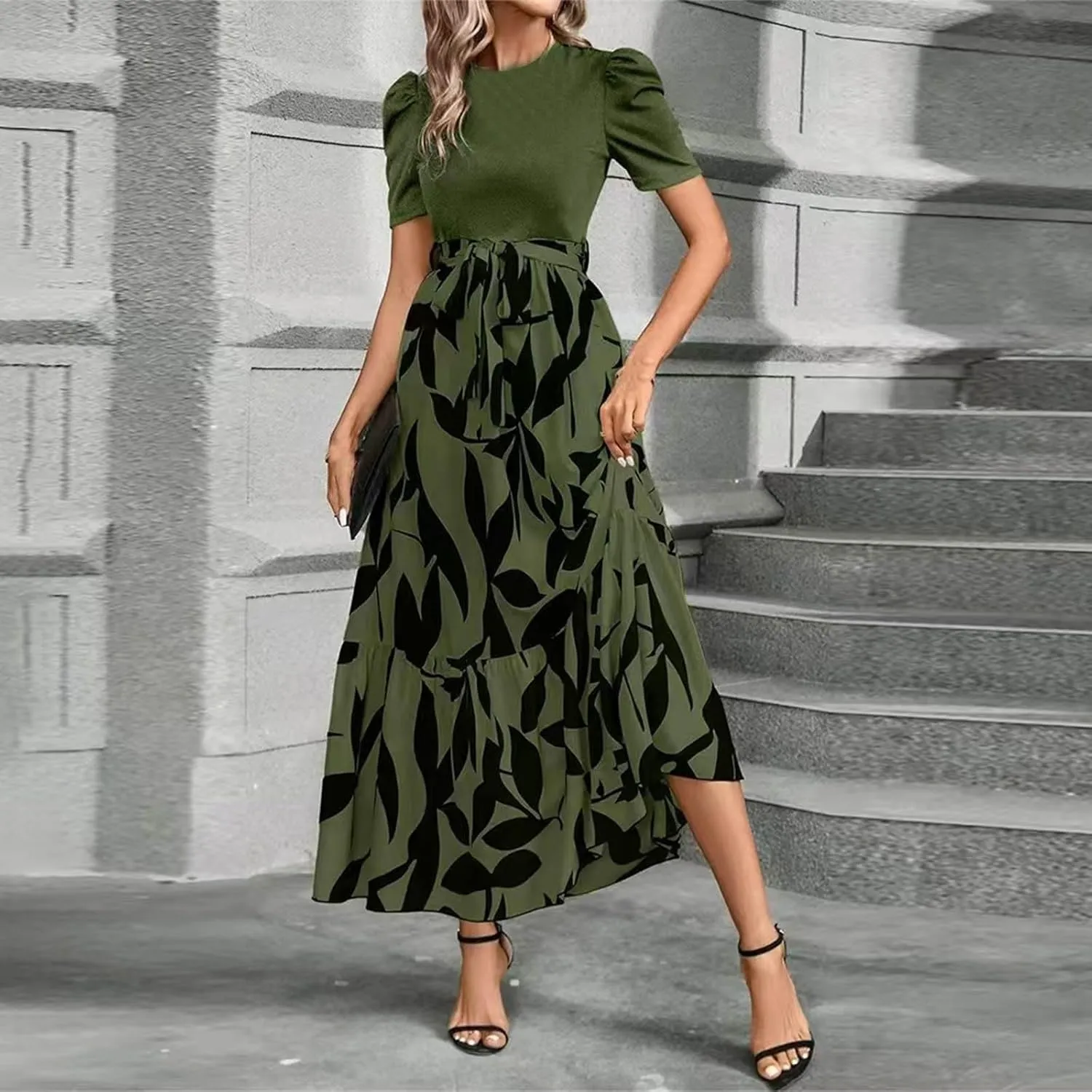 Women 2025 Casual Dresses with Pockets Ruffle Short Sleeve Summer Maxi Dress Long Flowy Floral Printed Dresses