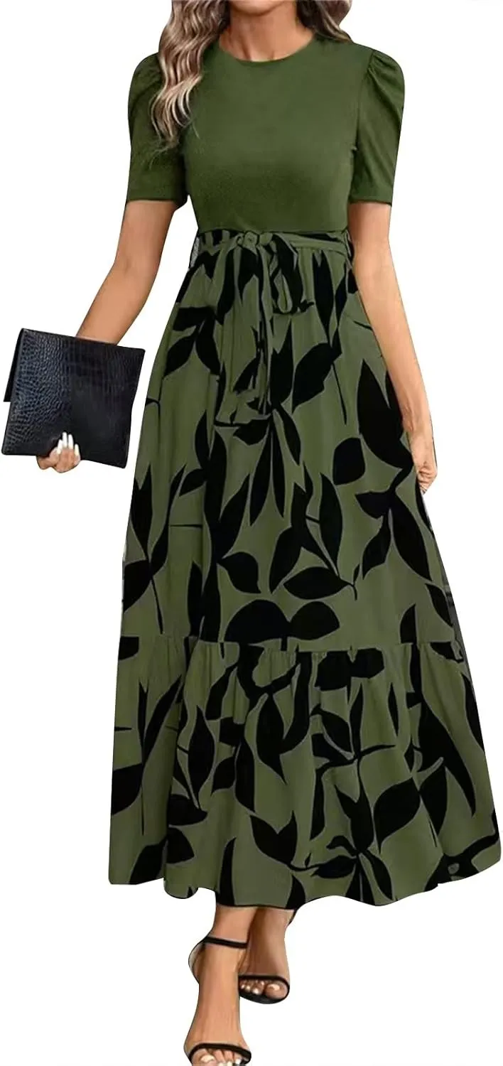 Women 2025 Casual Dresses with Pockets Ruffle Short Sleeve Summer Maxi Dress Long Flowy Floral Printed Dresses
